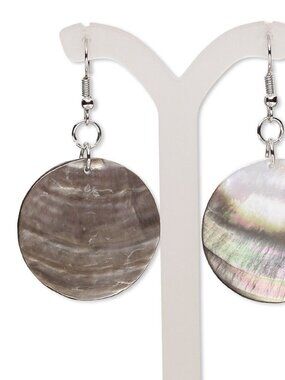 Handcrafted Natural Organic Black Lip Shell Flat Round Pendant Earrings